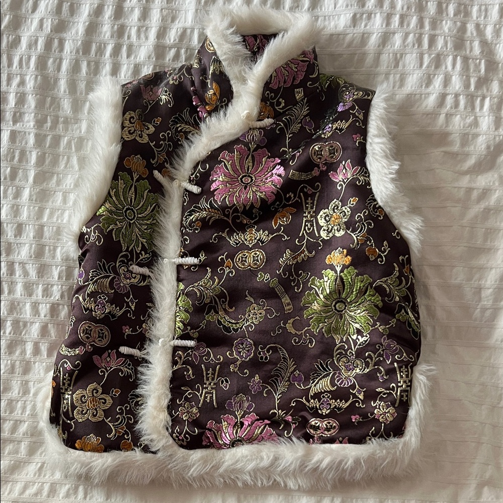 Floral Embroidered Kids Vest with Faux Fur Trim